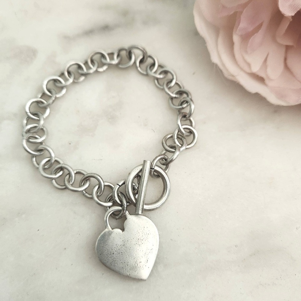 Vintage Chunky‎ Sterling Silver Heart Charm Bracelet 925